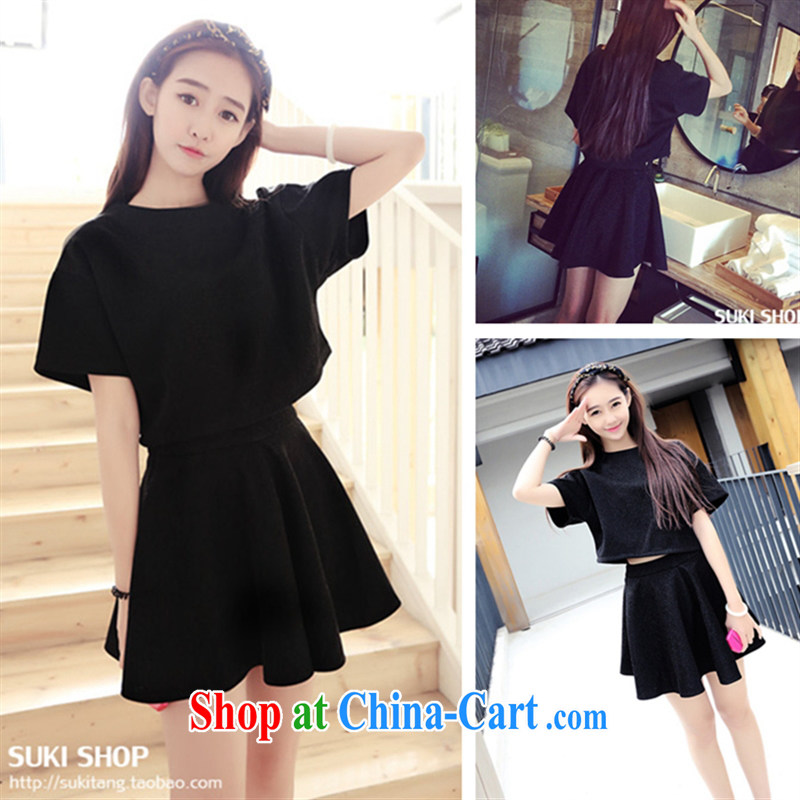summer eve like spring and summer new Korean version bat-short T-shirt + ultra graphics thin classic flash small black skirt Kit female black M