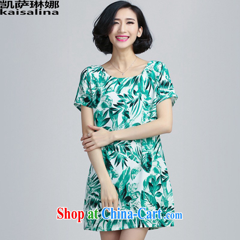 Catherine, summer 2015 new Korean version thick MM large code female stamp short-sleeved snow woven dresses summer 6037 green XL