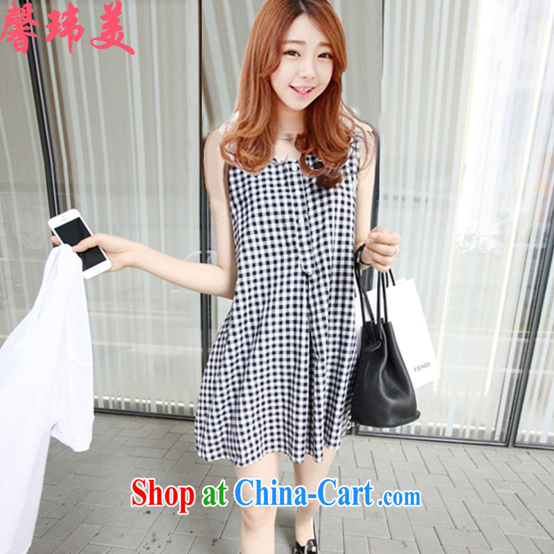 Xin Wei Mei 2015 Korean summer on the new liberal larger female graphics thin long leisure checkered skirt fresh vest dresses women 623 white XXXL