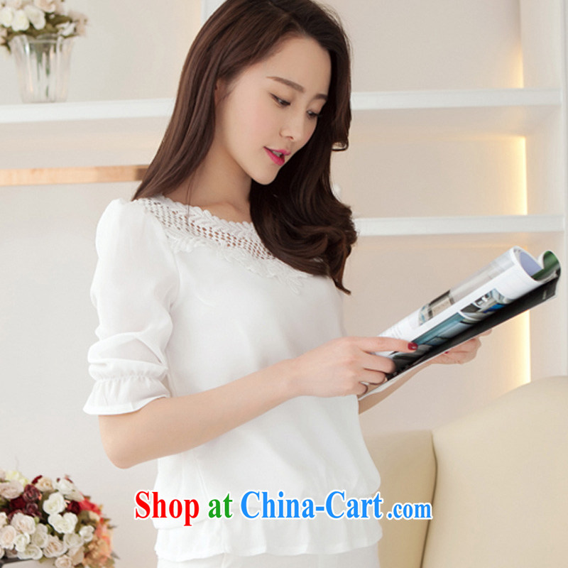Clerical Officer undertook to summer new, larger female lace Openwork snow woven shirts Korean version 5 loose-sleeved ladies T-shirt the T-shirt solid white T-shirts XL, Vicky Ling Yun (LONGYUN), on-line shopping