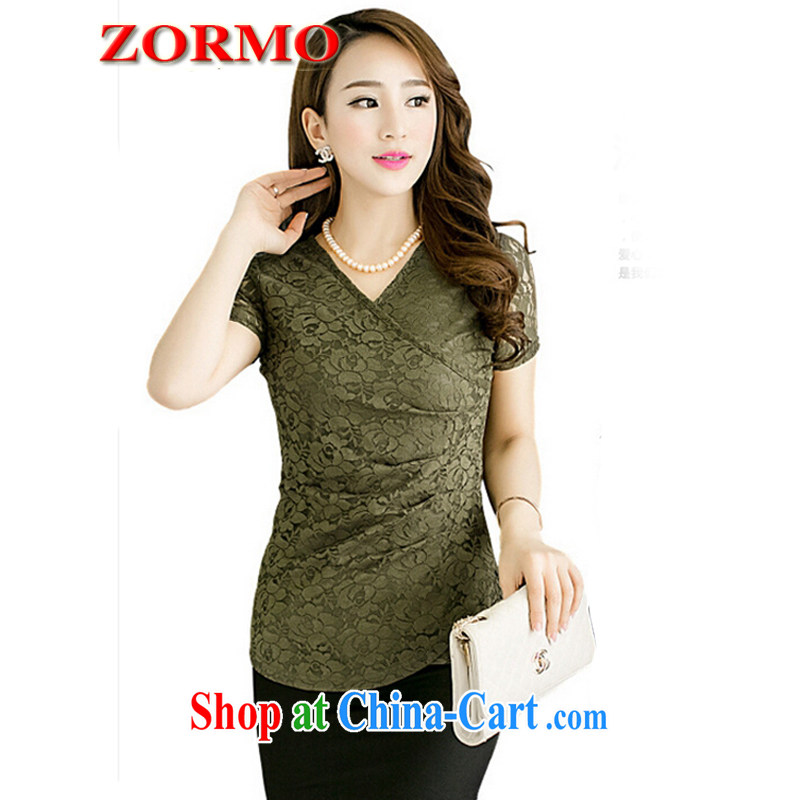 The ZORMO Code women mm thick and fat XL V-neck lace shirt short-sleeved beauty King code Solid T shirts female army green 5 XL