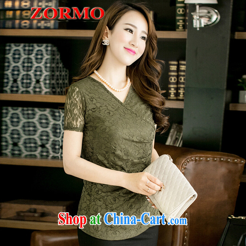 The ZORMO Code women mm thick and fat XL V-neck lace shirt short-sleeved beauty King code Solid T shirts female army green 5 XL, ZORMO, shopping on the Internet