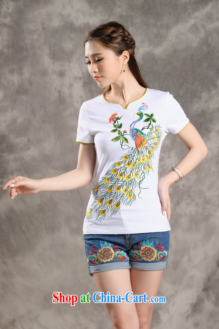 Summer new Ethnic Wind retro Peacock embroidery stitching small V collar personalize the Code women short-sleeve shirt T female sung lim bird 2015 the package mail white 4XL pictures, price, brand platters! Elections are good character, the national distribution, so why buy now enjoy more preferential! Health