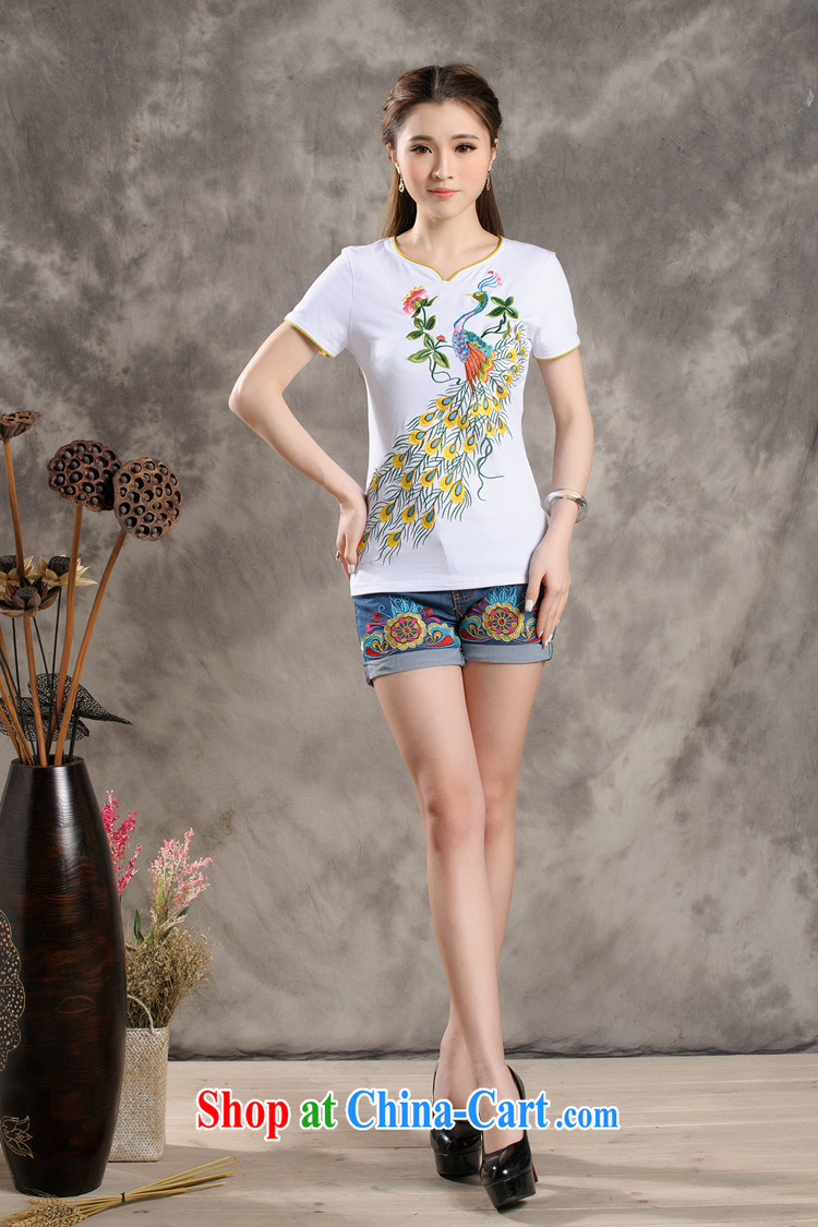 Summer new Ethnic Wind retro Peacock embroidery stitching small V collar personalize the Code women short-sleeve shirt T female sung lim bird 2015 the package mail white 4XL pictures, price, brand platters! Elections are good character, the national distribution, so why buy now enjoy more preferential! Health