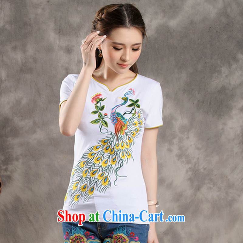 Summer new Ethnic Wind retro Peacock embroidery stitching small V collar personalize the Code women with a short-sleeved shirt T female sung lim bird 2015 delivery package mail white 4XL Sheng Lin, birds, and shopping on the Internet