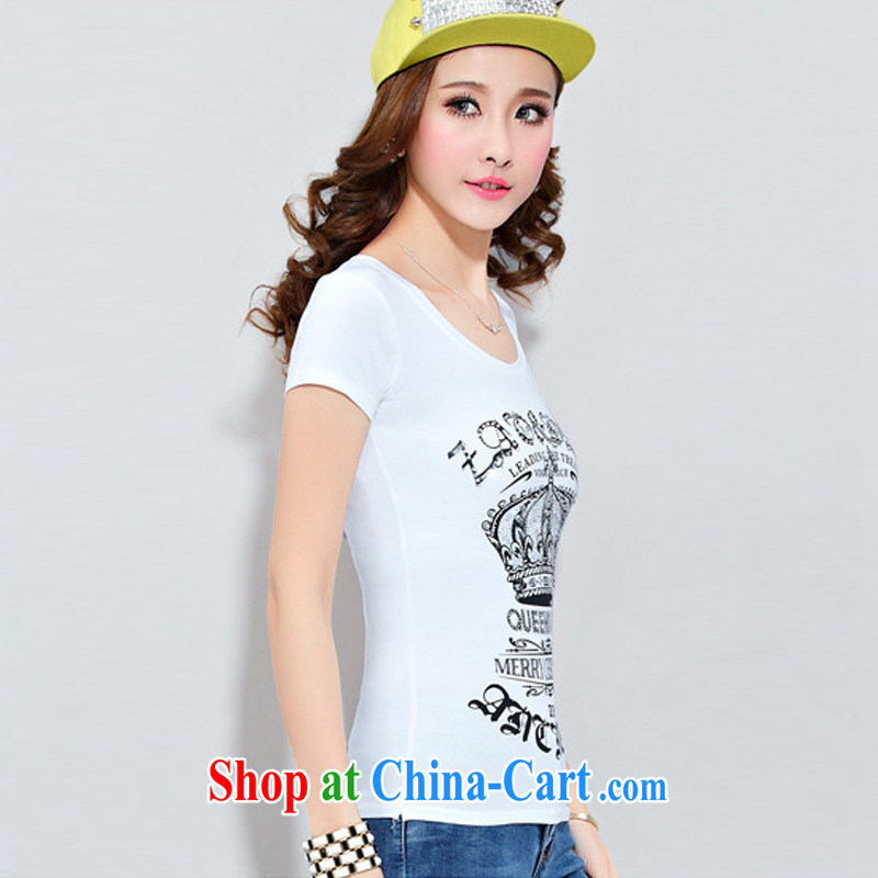 Morning would be 2015 summer new Korean version is indeed the XL female pure cotton crew-neck T-shirt with short sleeves thick mm beauty graphics thin stamp wood drill Crown T shirt white 4XL, morning, and shopping on the Internet