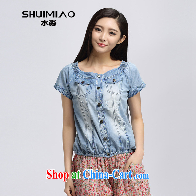 Water by summer 2015 with new Korean version mm thick and fat XL loose jeans short-sleeved shirt T female S XK 15 4875 cowboy, 3 XL