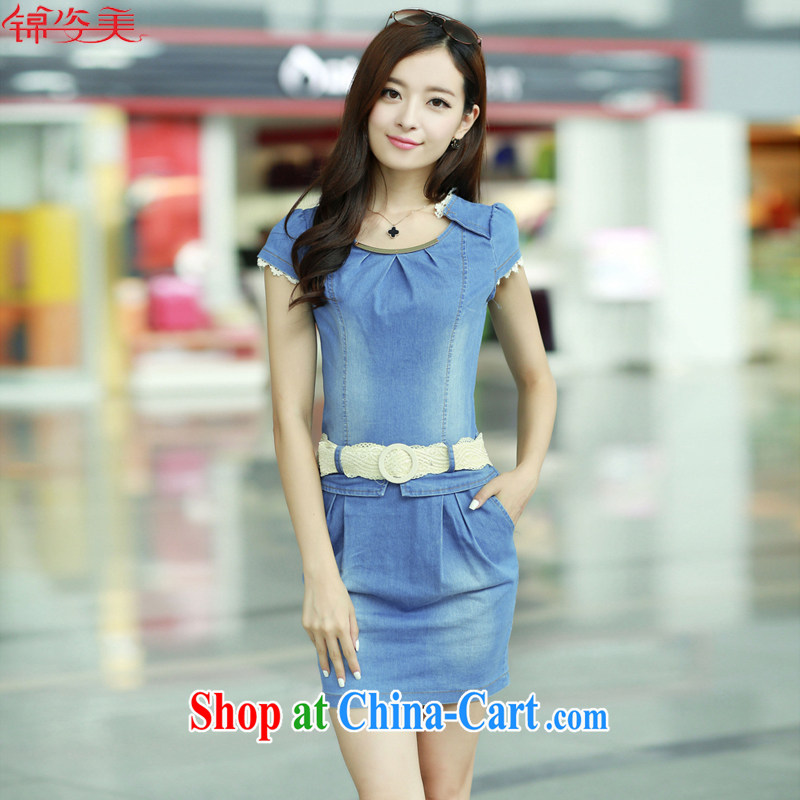 kam beauty new women who decorated Korean short-sleeved round-collar lace lace denim dress package and J 5109 photo color S