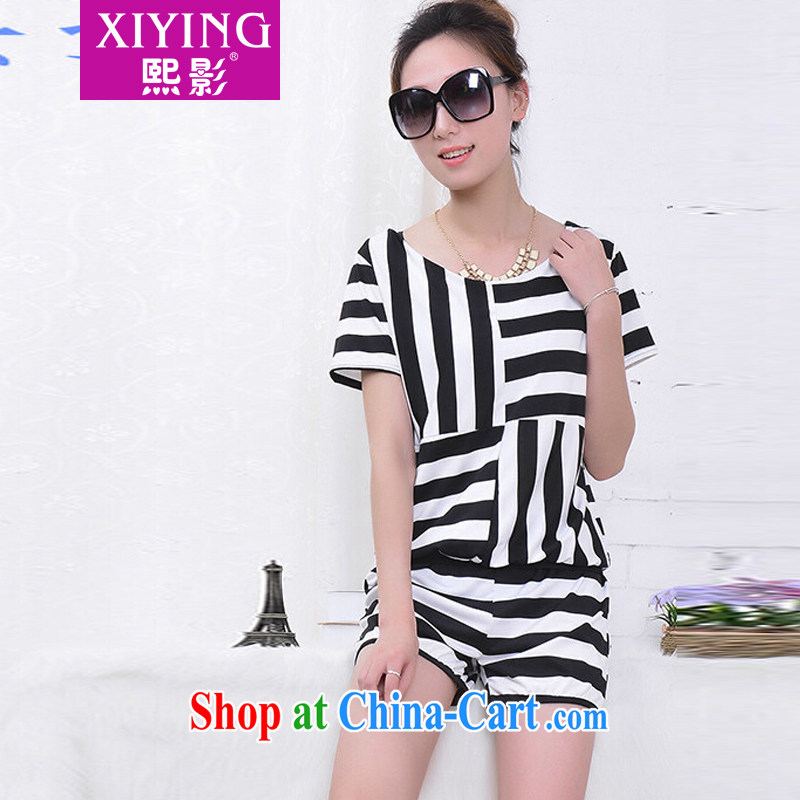 Mr Chau Tak-hay film 2015 summer larger thick MM summer new Korean female graphics thin T shirts thick sister shorts two-piece with the Code female black-and-white striped XXXL