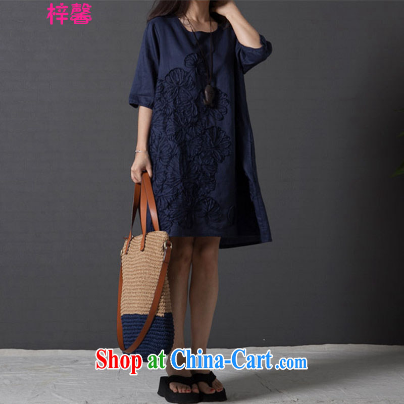 Tze-xin 2015 summer new Korean literature, thick MM graphics thin, the fat and loose the code embroidered short sleeves cotton Ma dresses 8063 dark blue XXXL