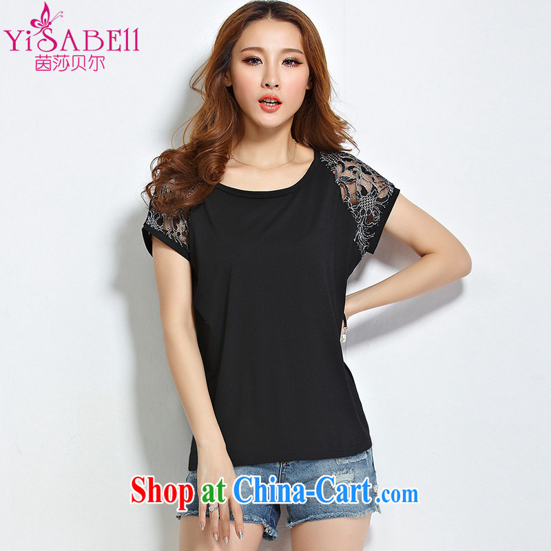Athena Isabel Allende summer larger female T shirt mm thick Korean 100 cultivating ground graphics thin round-collar bat sleeves lace stitching solid T-shirt T-shirt 1197 black 5 XL _160 - 175 _ jack
