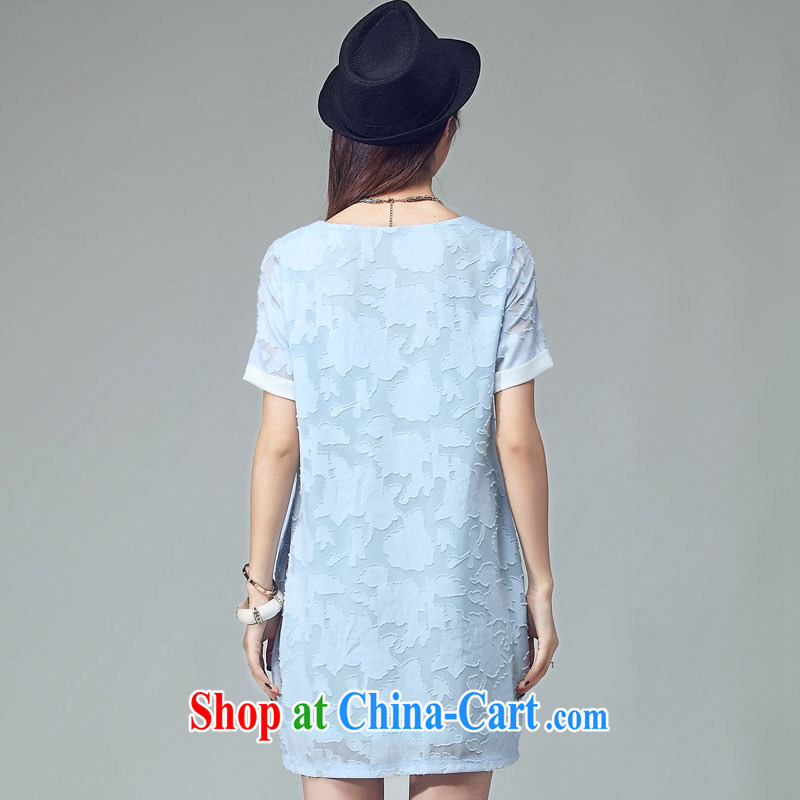 Elizabeth's children in the fat increase, female Peony jacquard graphics thin, dress thick sister Korean round-collar short-sleeve hit color stitching dresses D 2031 light blue 4 XL de Kosovo (savoil), online shopping