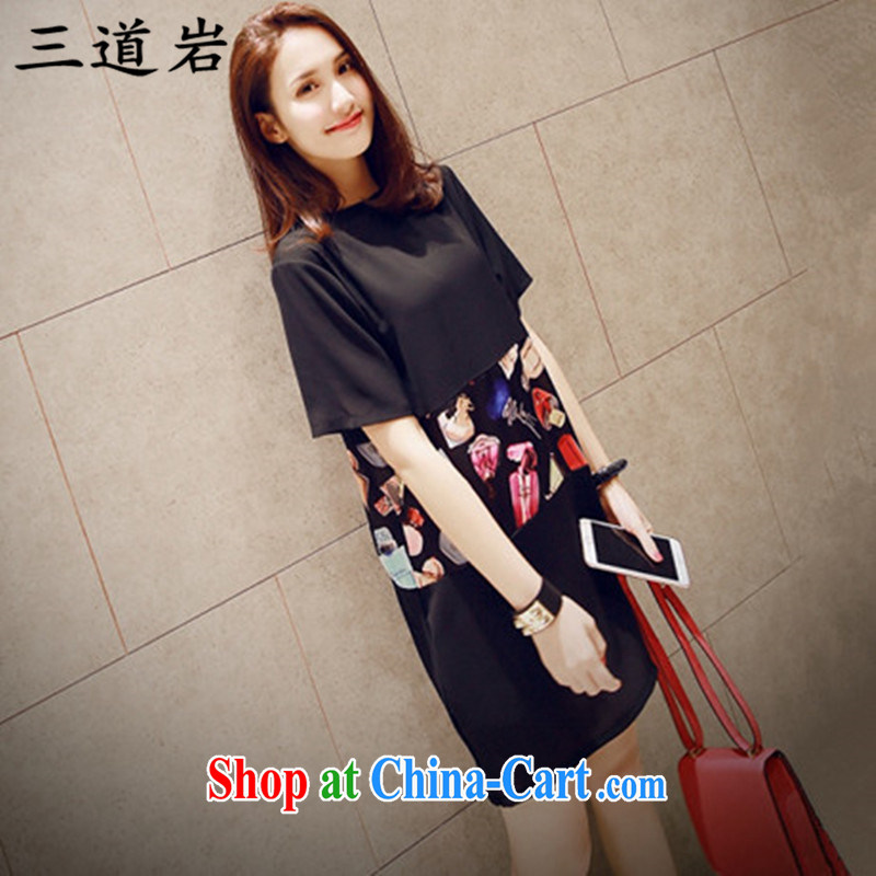 3 road rock summer new 2015 version the female arts 100 stamp duty on short-sleeved loose snow woven dresses S 2678 black XL