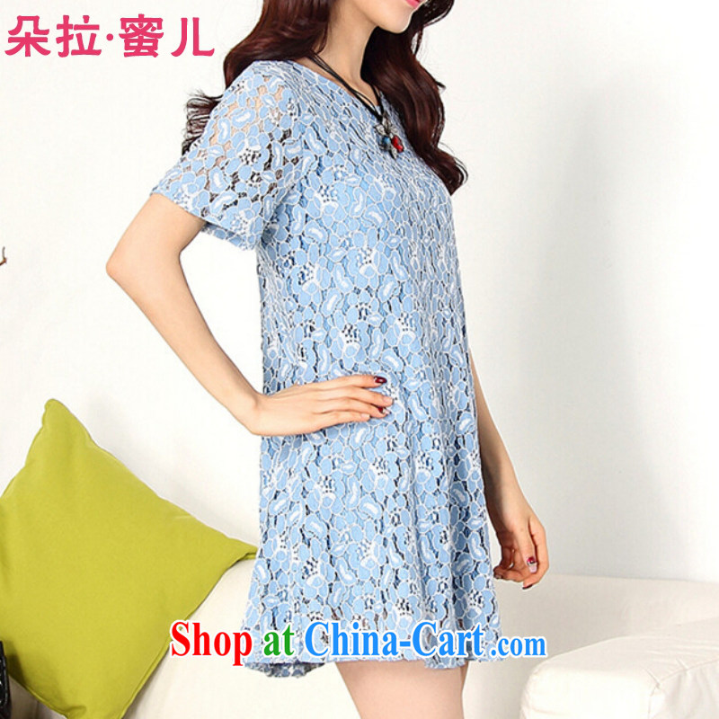 Dora, honey child 2015 summer new Korean version loose video thin lace short-sleeved larger dresses 30806105 blue-gray XL, Dora, honey child, shopping on the Internet