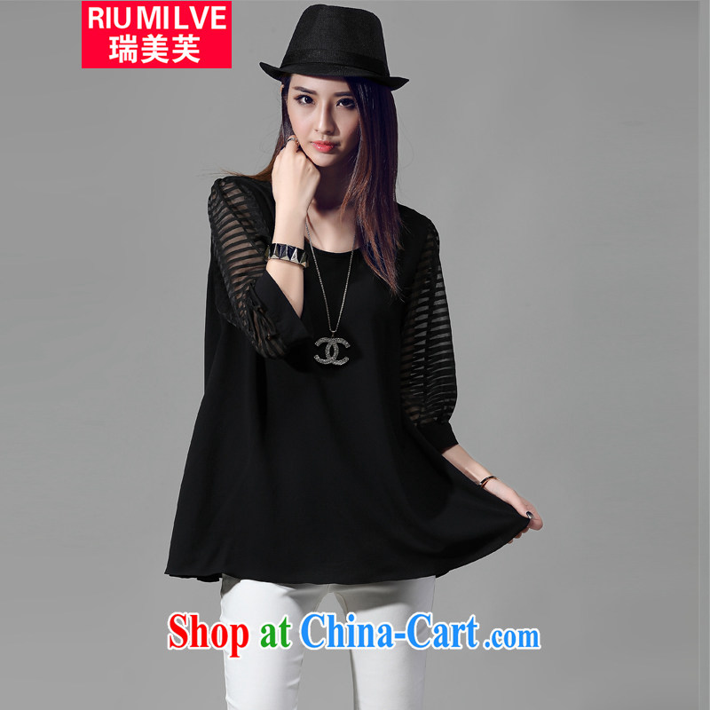 Ryan and the United States concluded the 2015 is indeed increasing, female summer Korean version of the new, thick mm video thin Web yarn stitching, loose cuff T shirt T-shirt women 5013 black XXXL