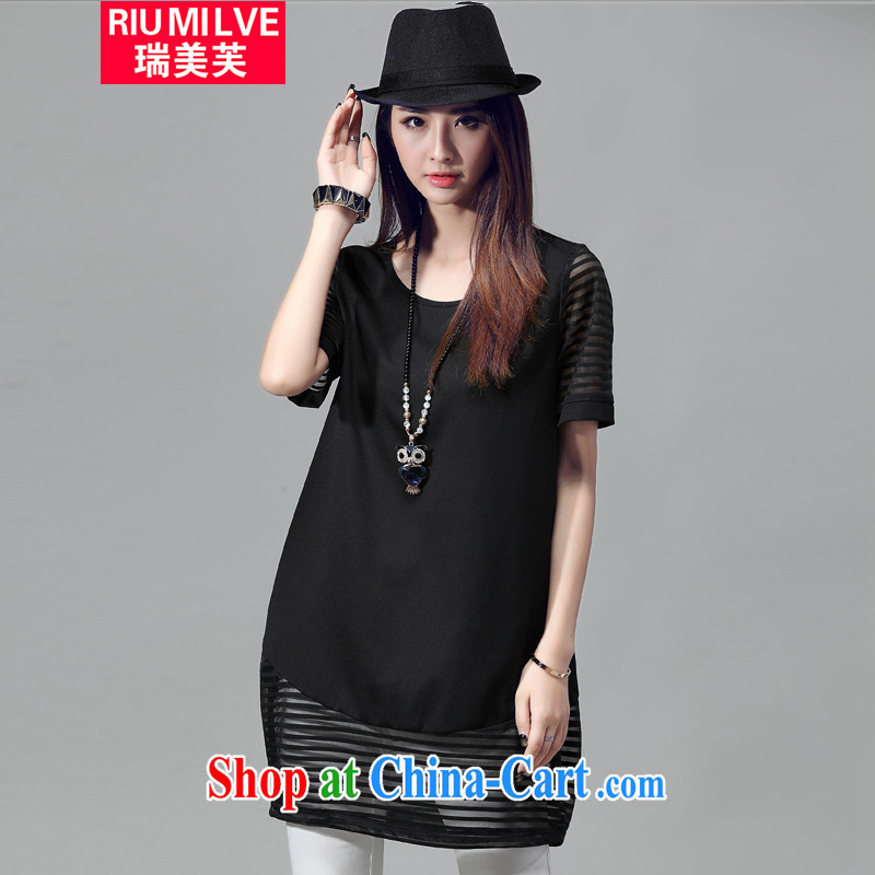 Shui Mei would be increased, female fat mm video thin 2015 summer new Korean Web yarn stitching light hanging over model short-sleeved dresses W 2039 black XXXL
