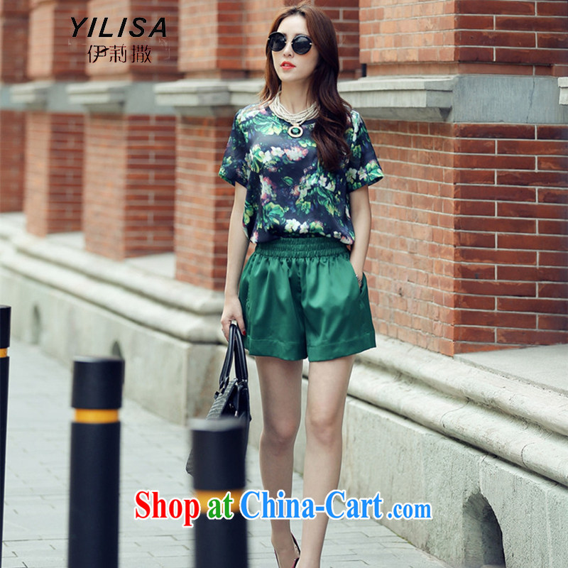 Europe YILISA larger female summer new t-shirt thick mm stylish stamp short-sleeved T shirts shorts snow woven two-piece lounge suite 8955 L green XXL