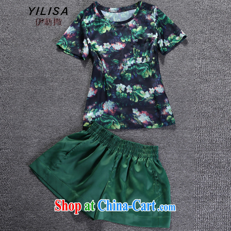 Europe YILISA larger female summer wear new t-shirt thick mm stylish stamp short-sleeved T shirts shorts snow woven two-piece lounge suite 8955 L green XXL, Ms. sub-Saharan (YILISA), online shopping