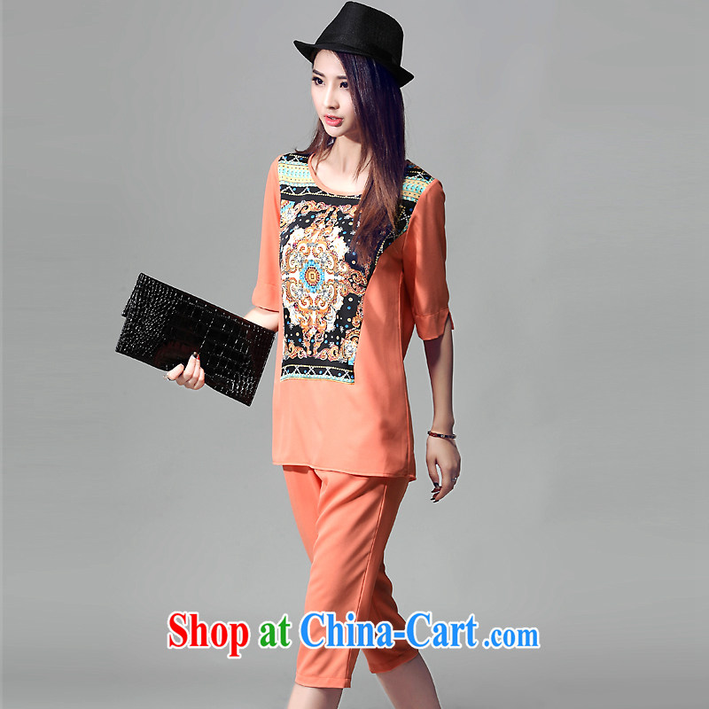Ms Audrey EU Yuet-SIA 2015 summer two-piece large, female new in stamp duty cuff shirt T-shirt + leisure 7 pants Y 8005 orange 3 XL (recommendations 145 - 160 catties, jade, and shopping on the Internet