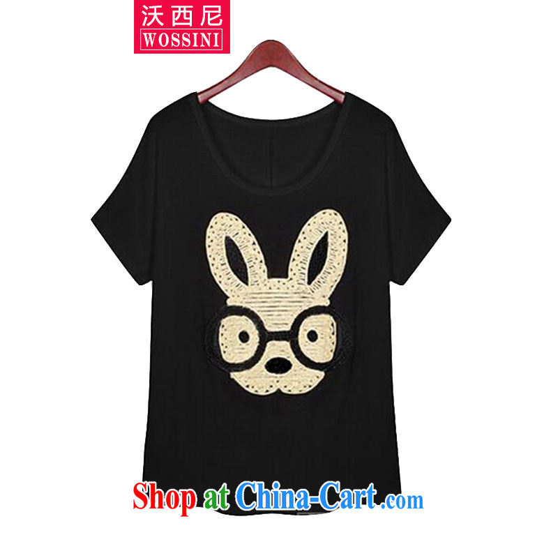 Kosovo, Western Europe and North America 2014 the fertilizer XL summer female new cotton solid T-shirt embroidery rabbit loose short-sleeved T-shirt YJ 1415 black XXXL