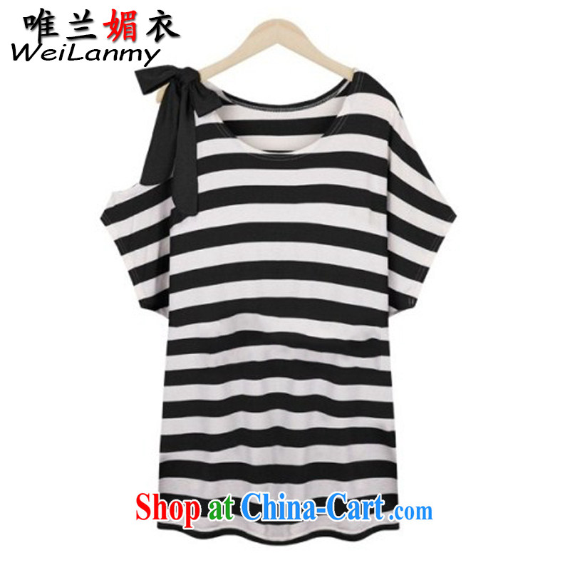 Only LAN Mei Yi 2015 XL girls with thick mm summer new paragraph shoulder T pension the streaks, short-sleeved T-shirt solid black 98,130 4 XL, the only blue Mei Yi (WeiLanmy), online shopping