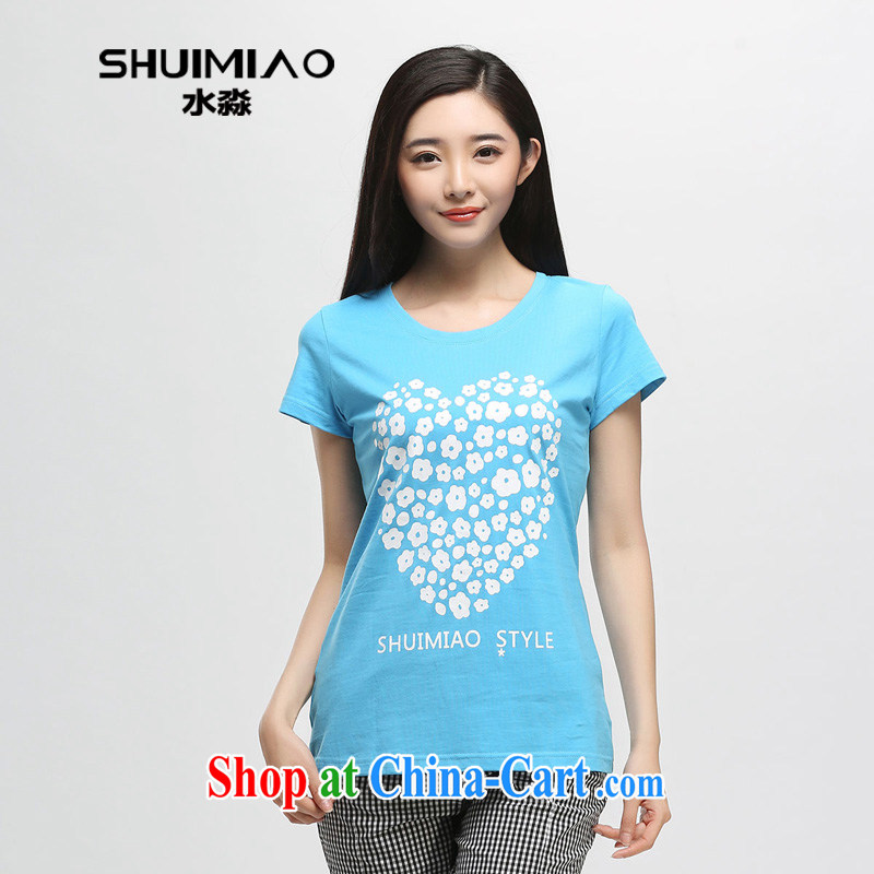 Water by female 2015 summer new Korean version mm thick cotton stamp the code short-sleeved T-shirt Girl S XB 15 4796 sky XXL