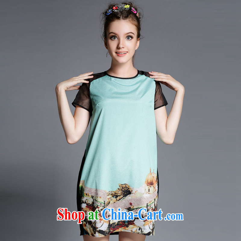 The summing up of the fat increase, female 2015 summer new stylish Web yarn stitching round-collar short-sleeve graphics thin beauty dress 1900 picture color the code 5 XL, concluded (MUFUNA), shopping on the Internet