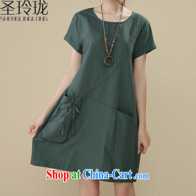 The cute summer 2015 new Korean version the code female round-collar short-sleeve pocket casual loose cotton Ma dresses green XL