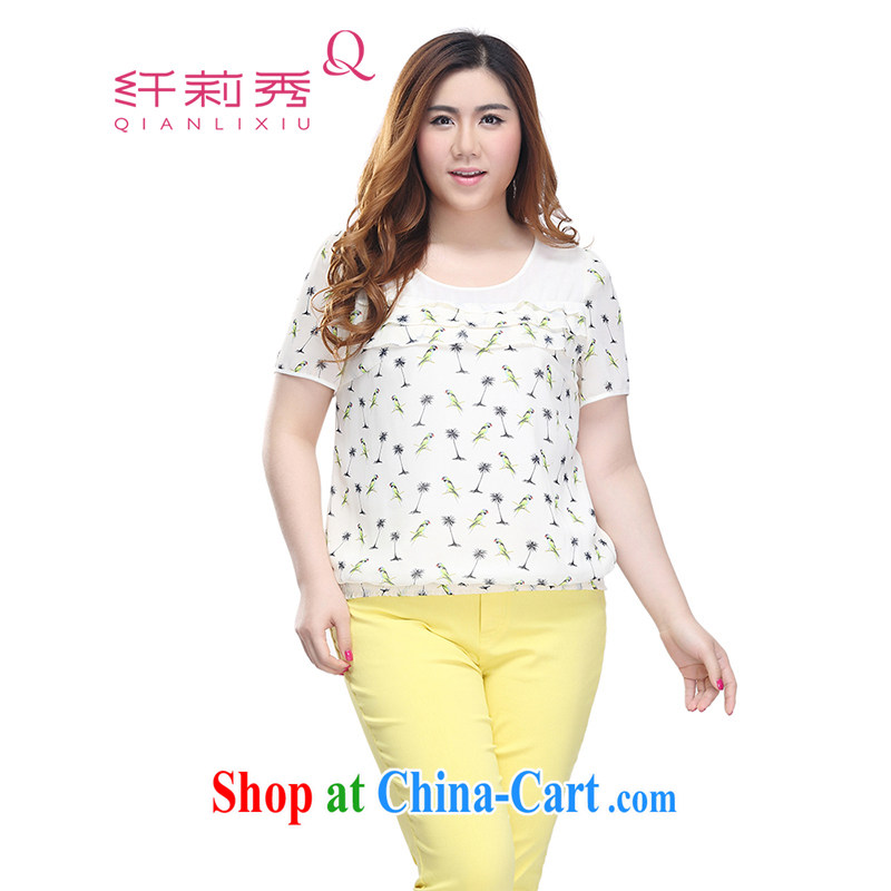 Slim LI Sau 2015 summer new, larger female round-collar stitching stamp-short-sleeved snow woven shirts T-shirt Q 7537 apricot 5 XL