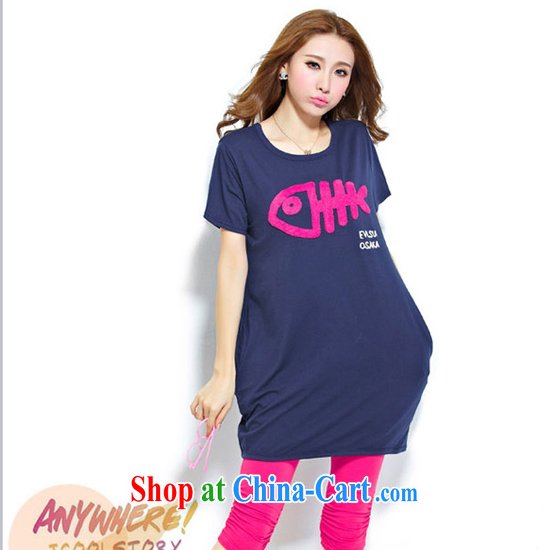 The end is not Argyle Ryden International 2015 new Korean pregnant women T-shirt women T-shirt with short sleeves in summer and stylish large, round-neck collar, long T shirt blue XL
