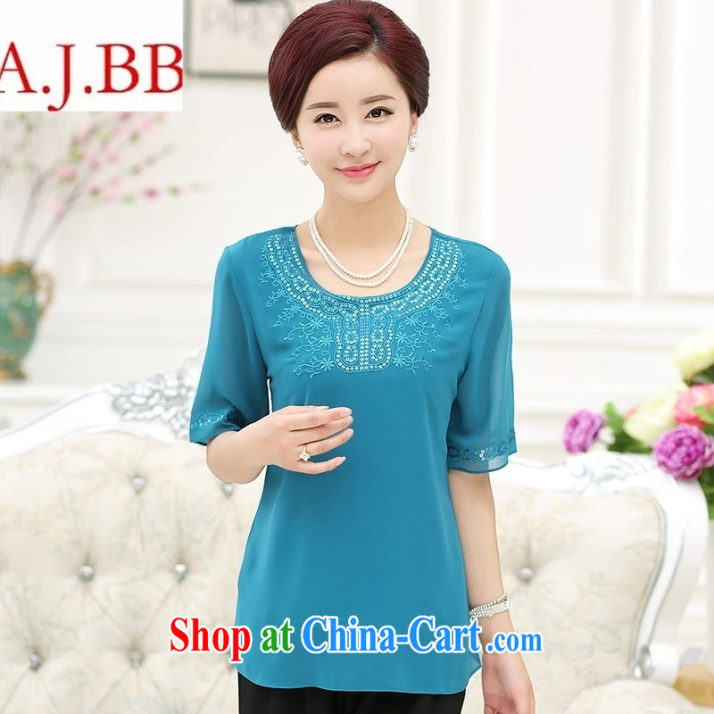 9 month dress * 2015 summer new female loose the fat and silk T-shirt, old mother with the collar thin short-sleeved blue XXXXL, A . J . BB, shopping on the Internet