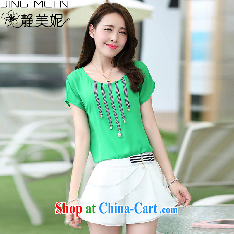 The Minnie summer 2015 new female Korean small incense, two-piece snow woven Leisure package J 66,225 green T-shirt + white pants M