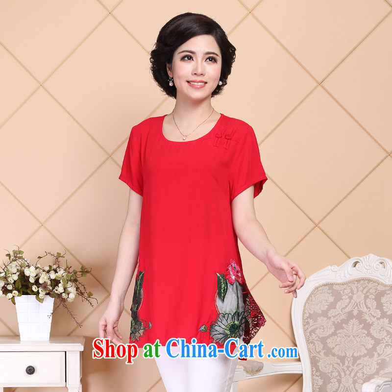 2015 Ousmile new summer loose short-sleeve shirt T cotton the solid T-shirt National wind, older women with larger A 017 red 4 XL, Ousmile, shopping on the Internet