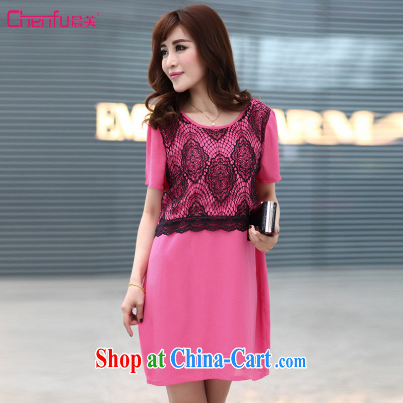 Morning would be 2015 summer new Korea and indeed XL women mm thick loose video thin round-collar short-sleeve hit color lace stitching snow woven dresses of red 5 XL _recommendations 180 - 200 jack_
