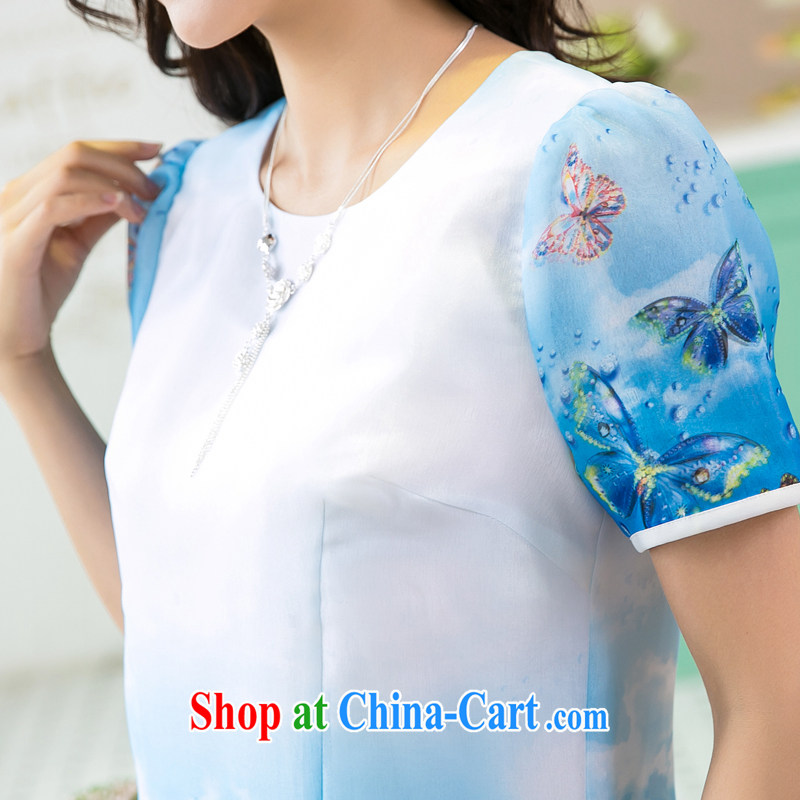 Good luck cracking the Code women mm thick beauty graphics thin 2015 summer new, high-quality woven silk sweet 3 D stamp duty short-sleeved dresses X 5216 blue 3 XL, giggling auspicious, shopping on the Internet