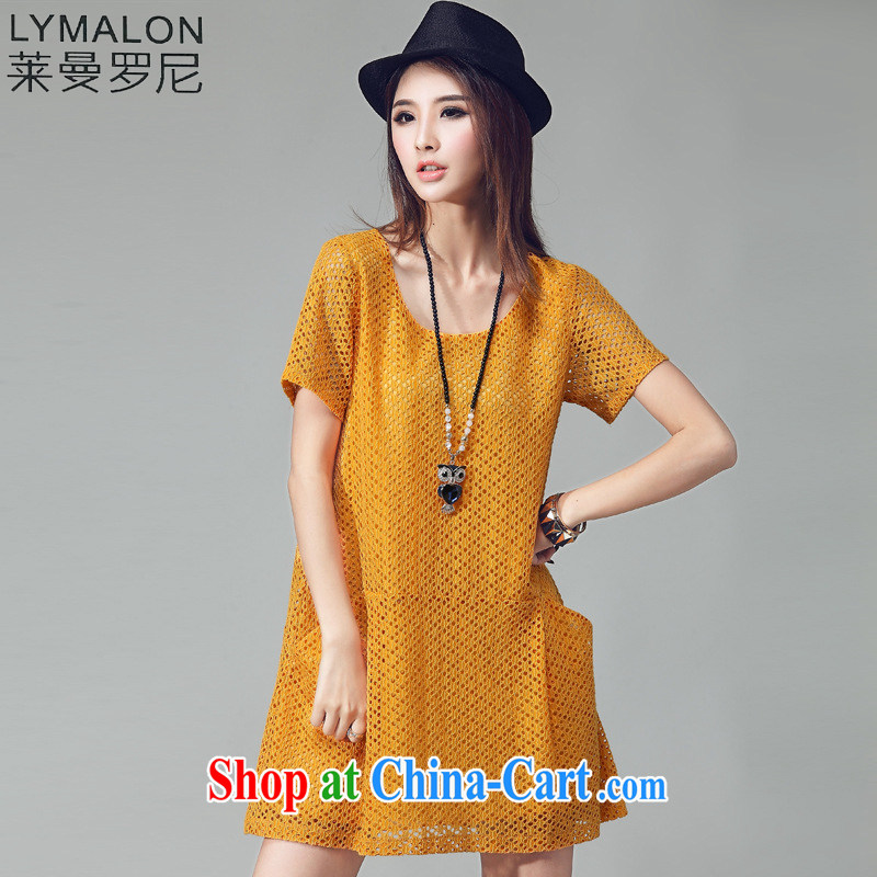 Lehman Ronnie lymalon fat people graphics thin 2015 summer new Korean version the code dress lace embroidery Openwork grid dresses 2035 yellow 4 XL