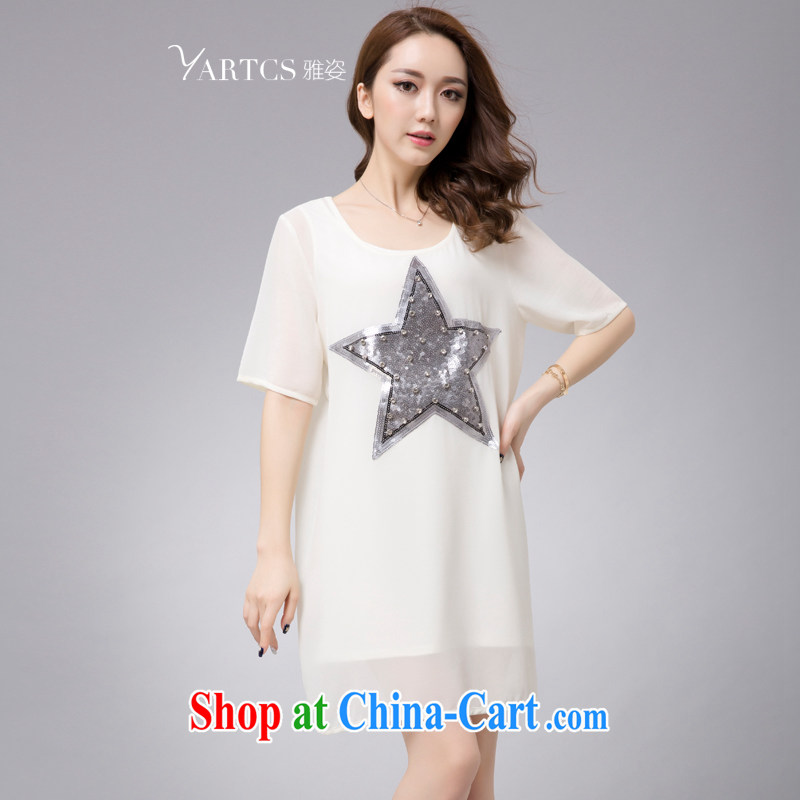 Colorful, larger women 2015 summer new Korean version mm thick loose short-sleeve two-piece snow woven dresses white 4XL