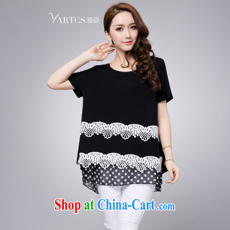 Colorful, thick mm summer 2015 the code female lace stitching female T shirt short-sleeved, long, fat sister T-shirt black 4XL