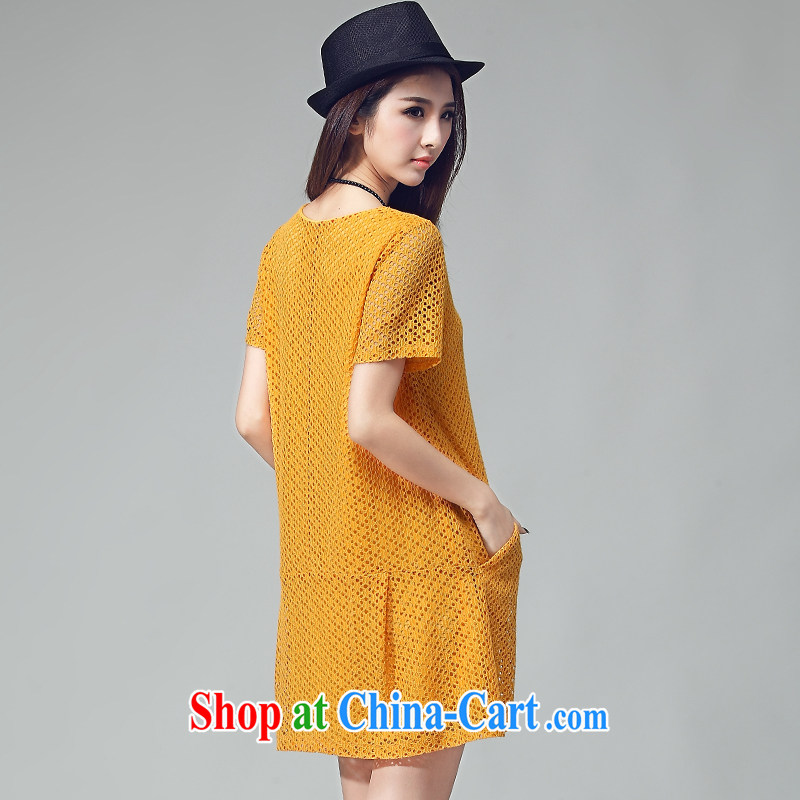 Morning would be 2015 summer new Korea and indeed increase, female fashion style woven embroidery Openwork grid dress relaxed round-collar short-sleeve dresses yellow 4 XL, morning, and shopping on the Internet