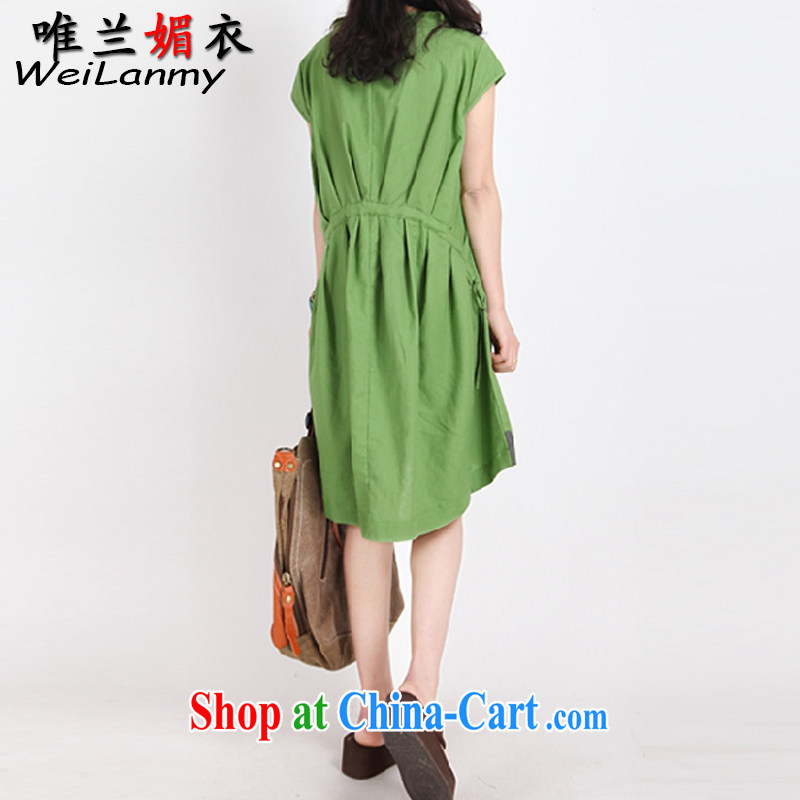 Only LAN Mei Yi 2015 summer new female stamp leisure loose the code mm thick cotton Ma short-sleeved round collar skirt 6973 green XL, only estimates of Yi (WeiLanmy), online shopping
