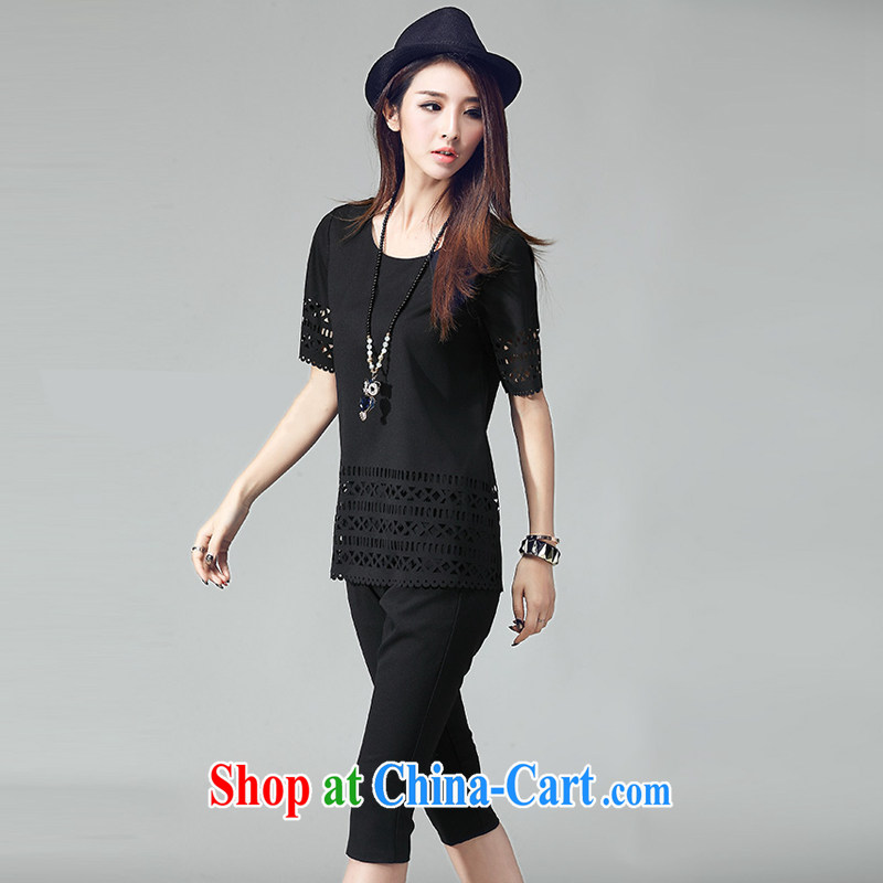 Adjourned accordingly at five minutes to the US summer 2015 new XL girls and stylish cutouts biological empty two-piece short sleeve T-shirt 7 pants leisure Kit 8006 black XXXL, was to us, online shopping