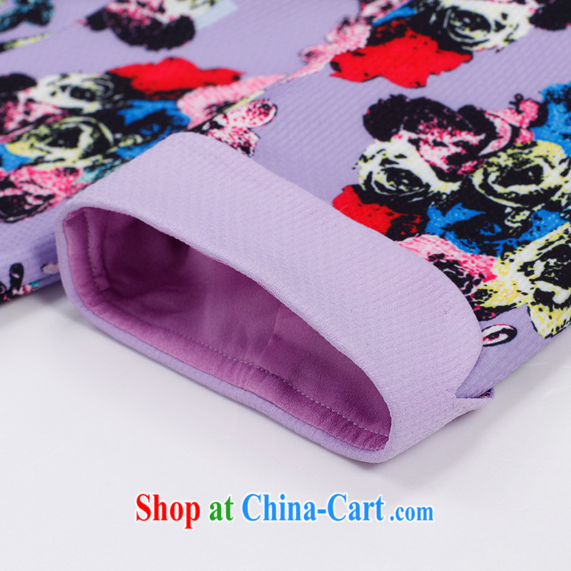 Slim LI Sau 2015 summer new, larger female flowers stamp duty hit the fold 7 sub-cuff round-collar dress Q 7066 purple 5 XL, slim Li-su, and, on-line shopping