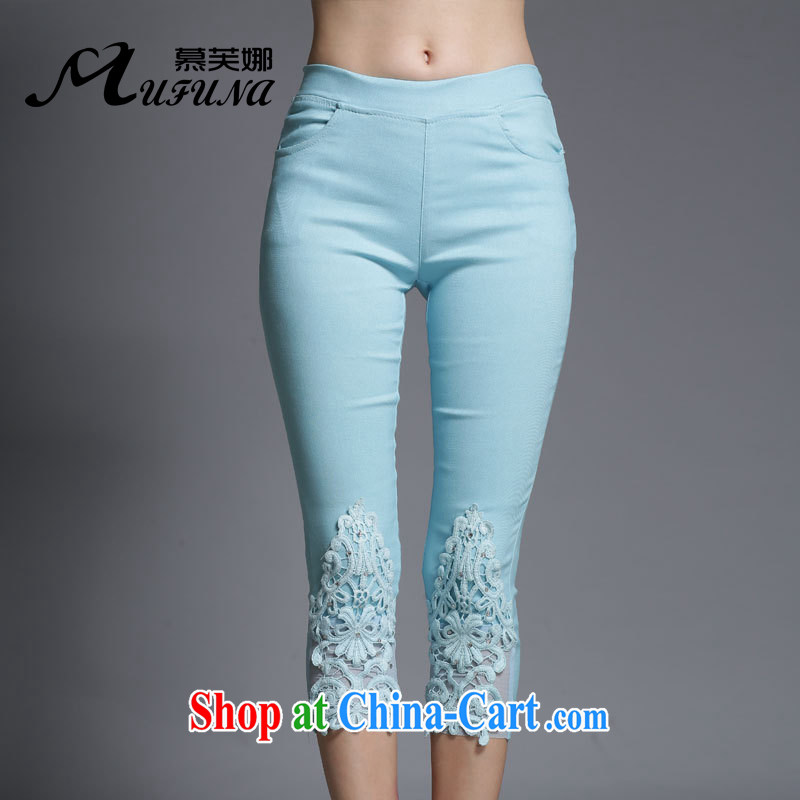 The girl, summer 2015 New Europe, larger female thick MM lace hook spent ironing drill castor pants graphics thin stretch solid pants 1901 blue XXXXXL