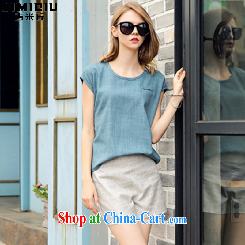 Jimmy Hill 2015 summer new women with large, loose linen casual round-collar T pension high waist graphics thin shorts Kit female F 1508 _Peacock Blue XXXXL