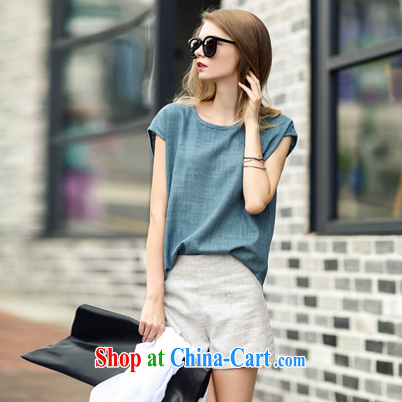 Jimmy Hill 2015 summer new women with large, loose linen casual round-collar T-shirt-waist graphics thin shorts Kit female F 1508 #Peacock Blue XXXXL, Jimmy Hill (JIMIQIU), online shopping