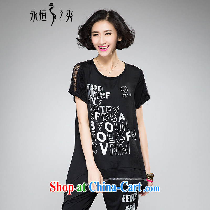 2015 spring and summer mm thick new larger female trend personalized hot drill letter stamp loose video thin short-sleeve shirt T black 4 XL