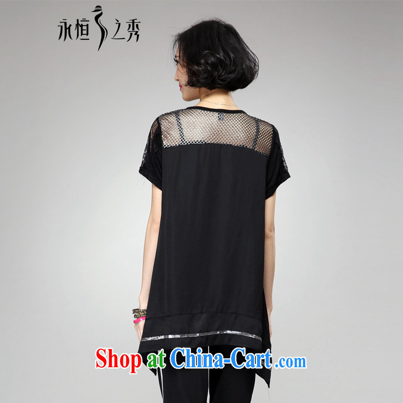 2015 spring and summer thick mm new, larger female trend personalized hot drill letter stamp duty loose video thin short-sleeved T shirt black 4 XL, eternal, and the show, and shopping on the Internet