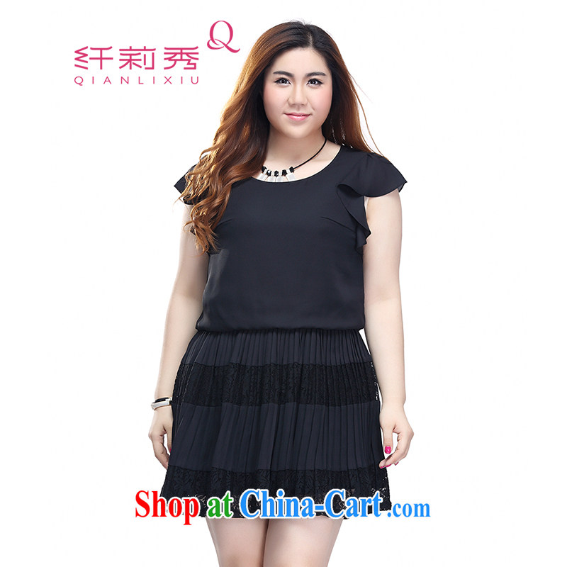 Slim Li-su 2015 summer new, larger female flouncing 100 cuff hem lace stitching A waist with elasticated section leave of two garment Q 7510 black XL