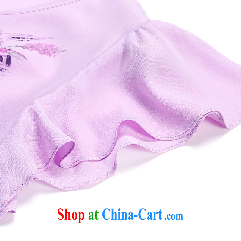 Slim Li-su 2015 summer new, larger female stylish stamp small V collar flouncing cuff commuter kit and snow-woven shirts Q 7852 purple 4 XL, slim Li-su, and shopping on the Internet