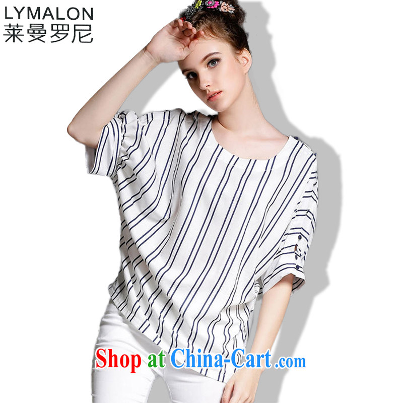 Lehman Ronnie lymalon summer 2015 the Code women high-end European linens bat sleeves loose round-collar striped shirt 1881 photo color 4 XL